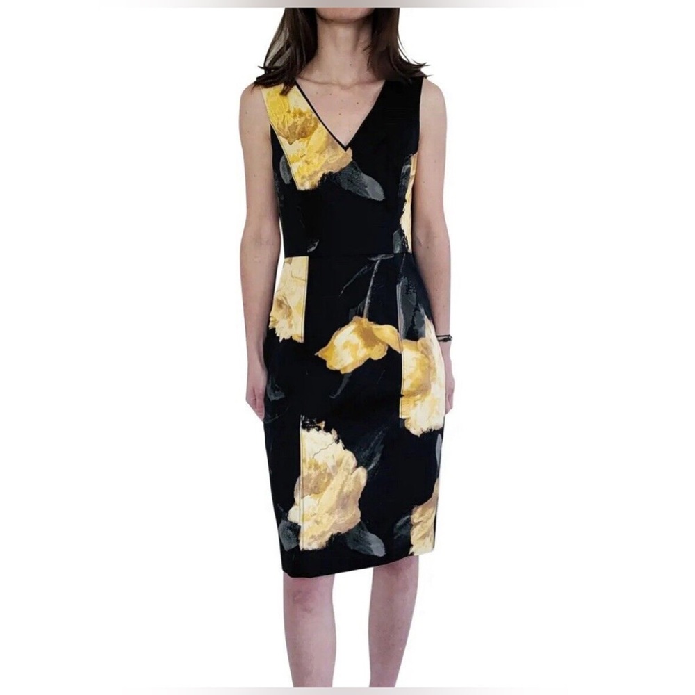 White House Black Market Black Yellow Rose Print Sleeveless Dress Size 00